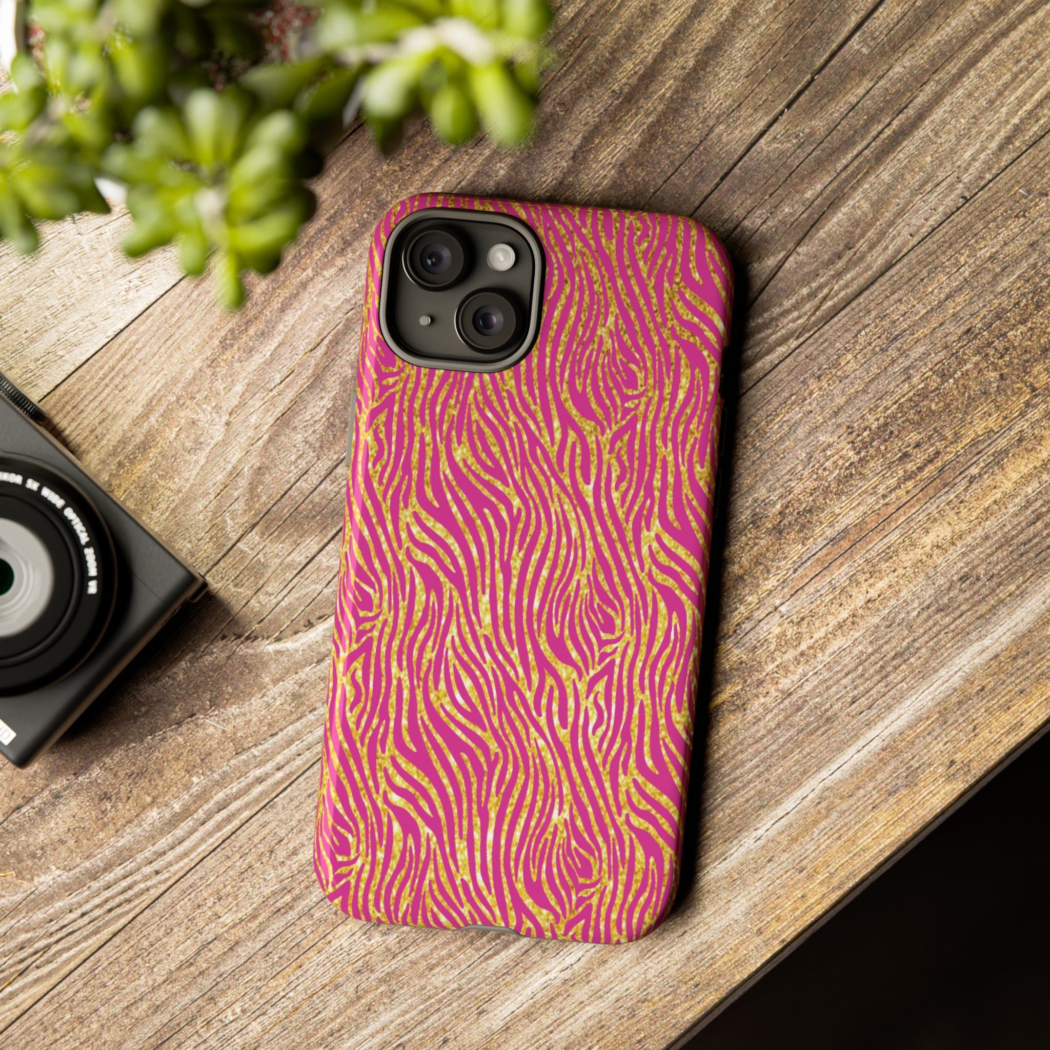 Pink Gold Zebra Print Tough Case for iPhone, Galaxy, or Google Pixel