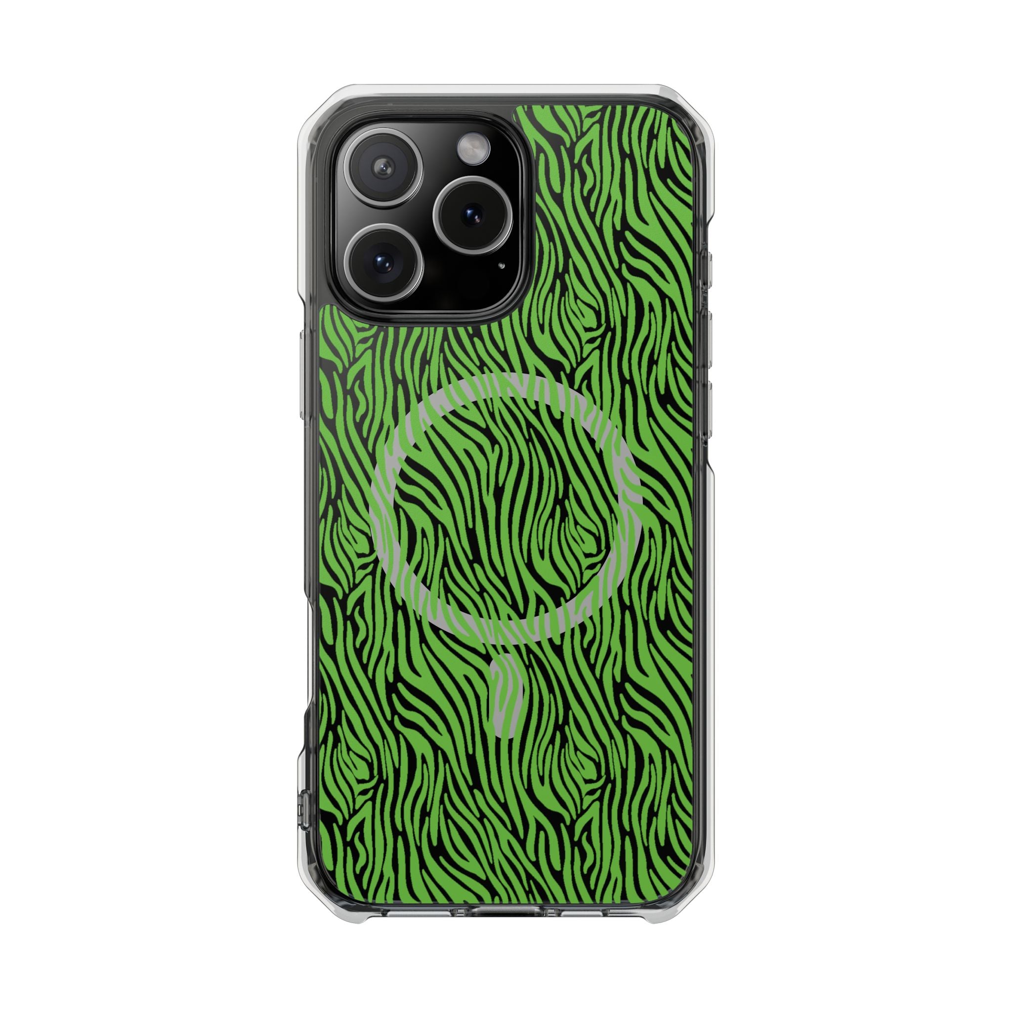 Neon Green Zebra Magnetic iPhone 14, 15, 16 Series Clear Impact Cases