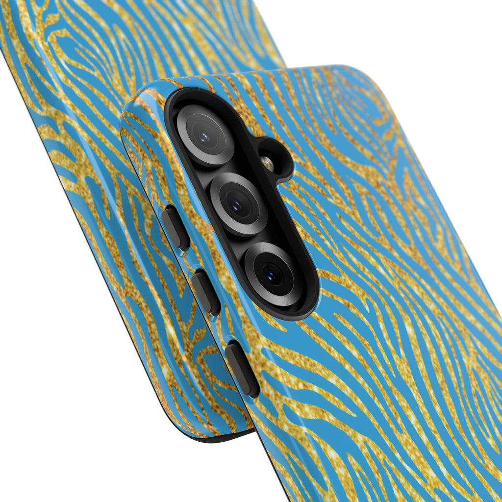 Blue Gold Zebra Tough Case for iPhone, Galaxy, or Google Pixel