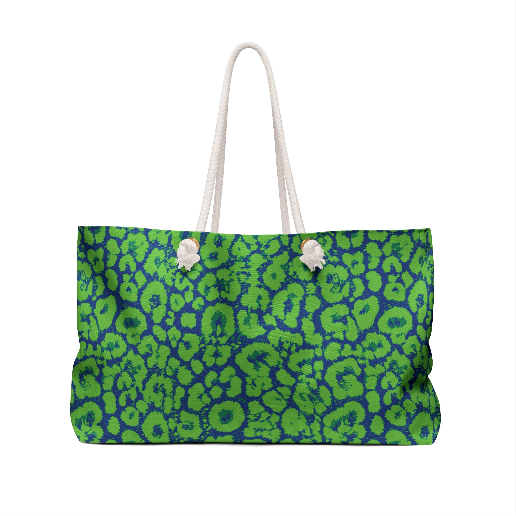 Neon Green Blue Leopard Eco Friendly Weekender Bag, Travel Tote, Beach Bag