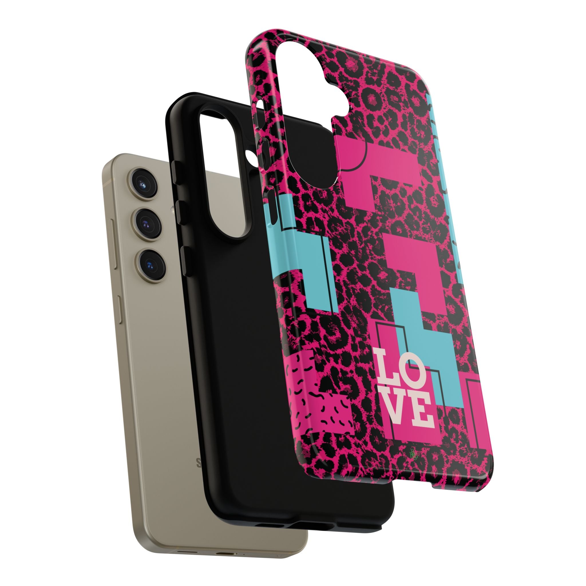 Pink Love Retro Blocks Leopard RG Tough Phone Case for iPhone, Galaxy, or Google Pixel