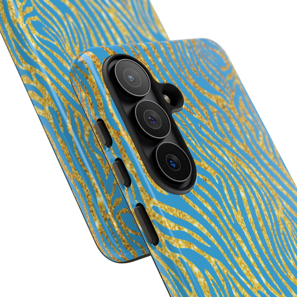 Blue Gold Zebra Tough Case for iPhone, Galaxy, or Google Pixel