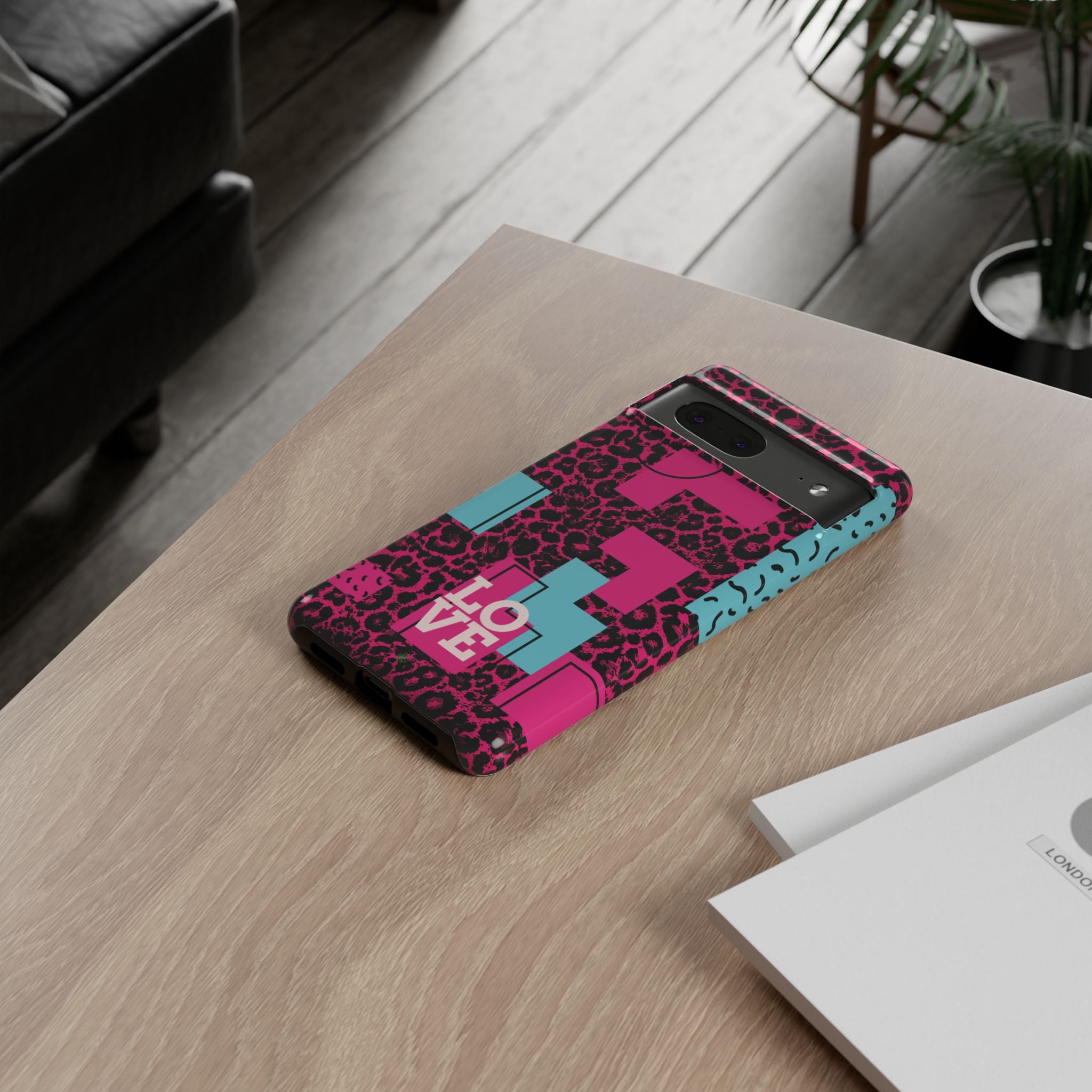 Pink Love Retro Blocks Leopard RG Tough Phone Case for iPhone, Galaxy, or Google Pixel