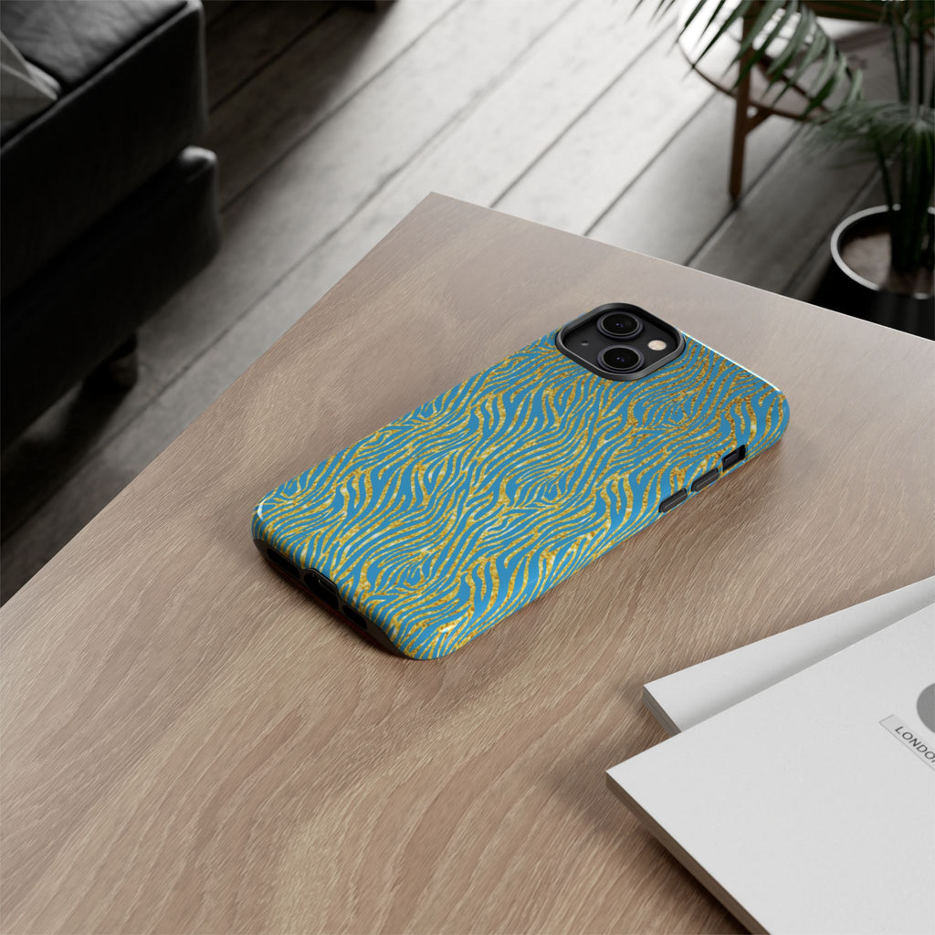 Blue Gold Zebra Tough Case for iPhone, Galaxy, or Google Pixel
