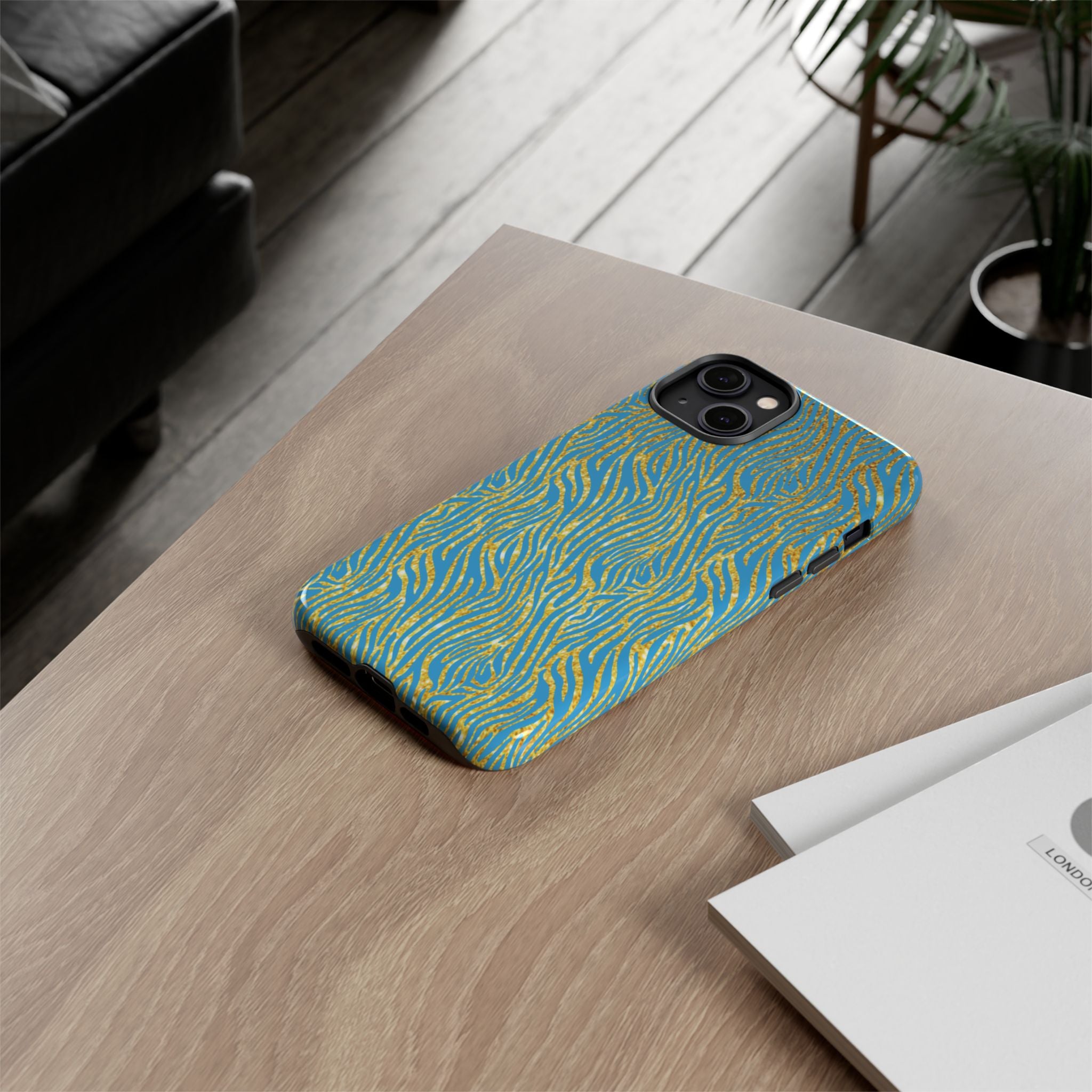 Blue Gold Zebra Tough Case for iPhone, Galaxy, or Google Pixel