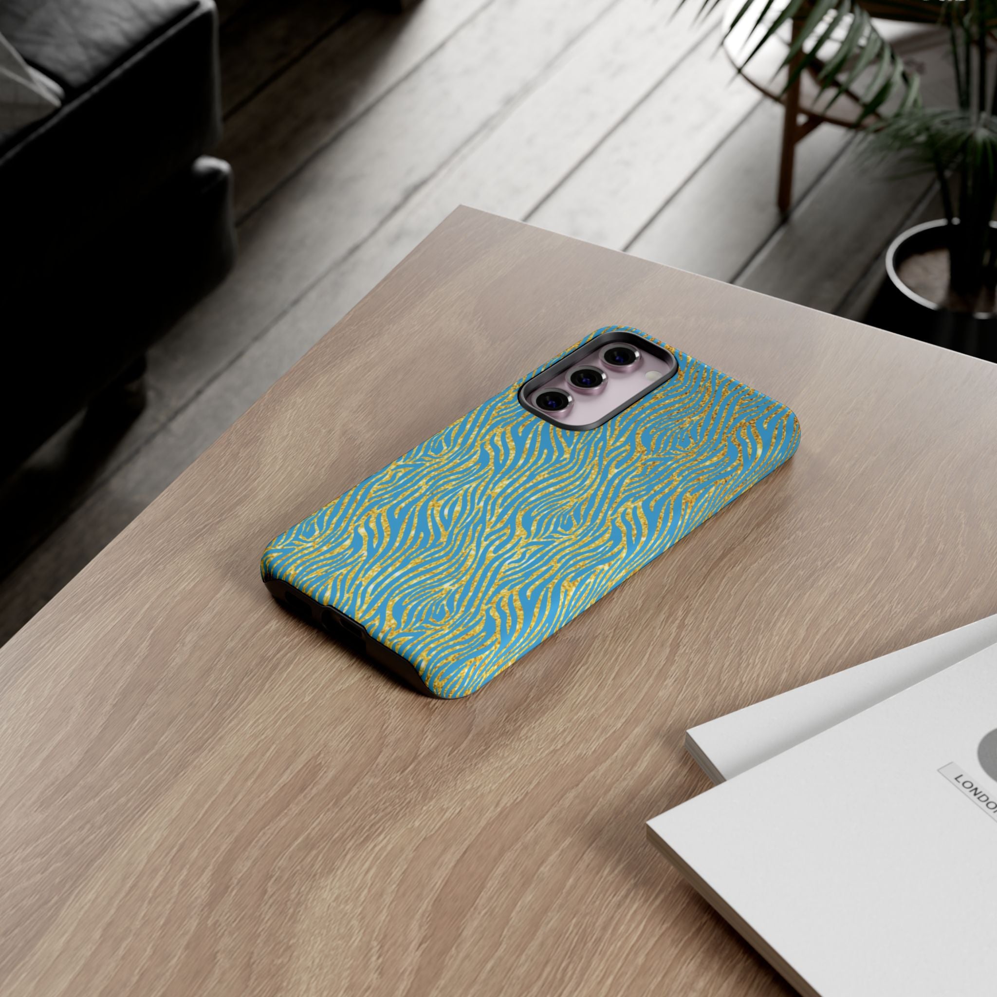 Blue Gold Zebra Tough Case for iPhone, Galaxy, or Google Pixel