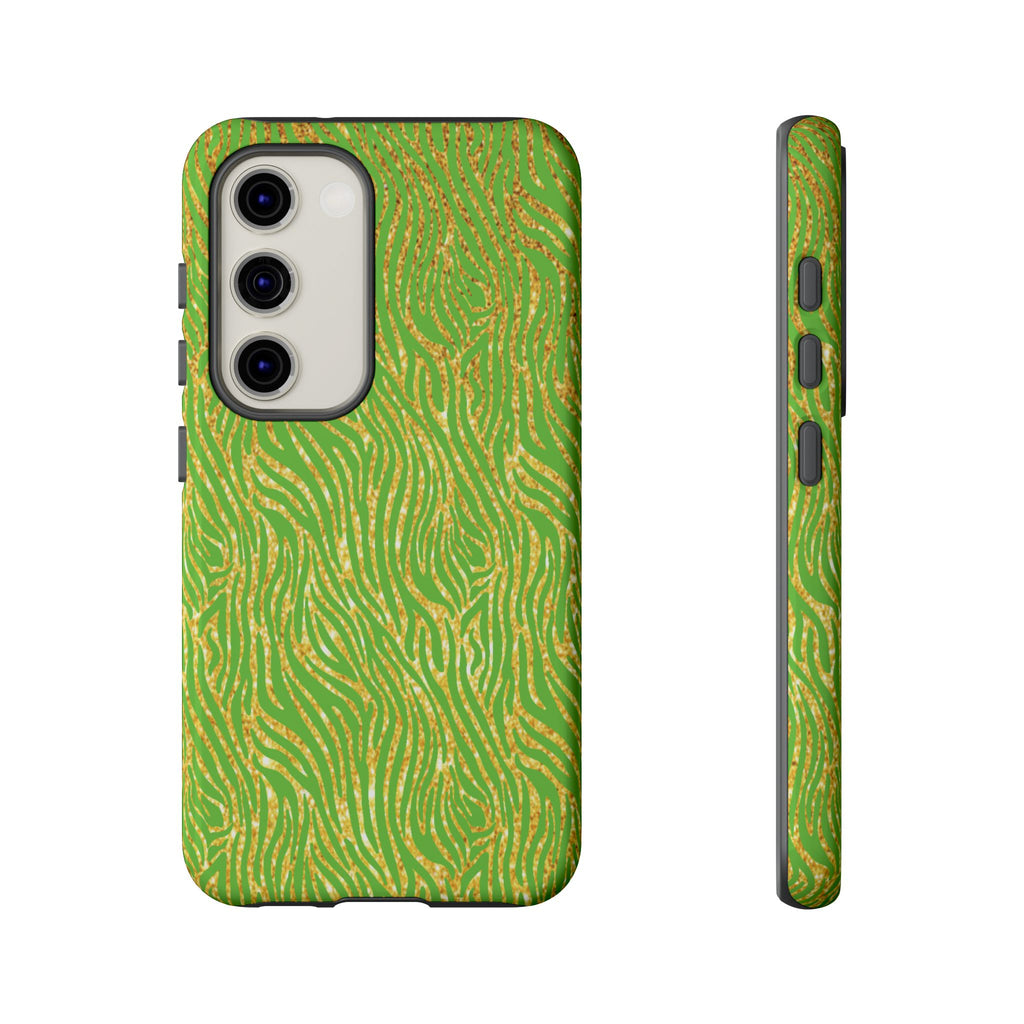 Neon Green Gold Zebra Tough Phone Case for iPhone, Galaxy, or Google Pixel