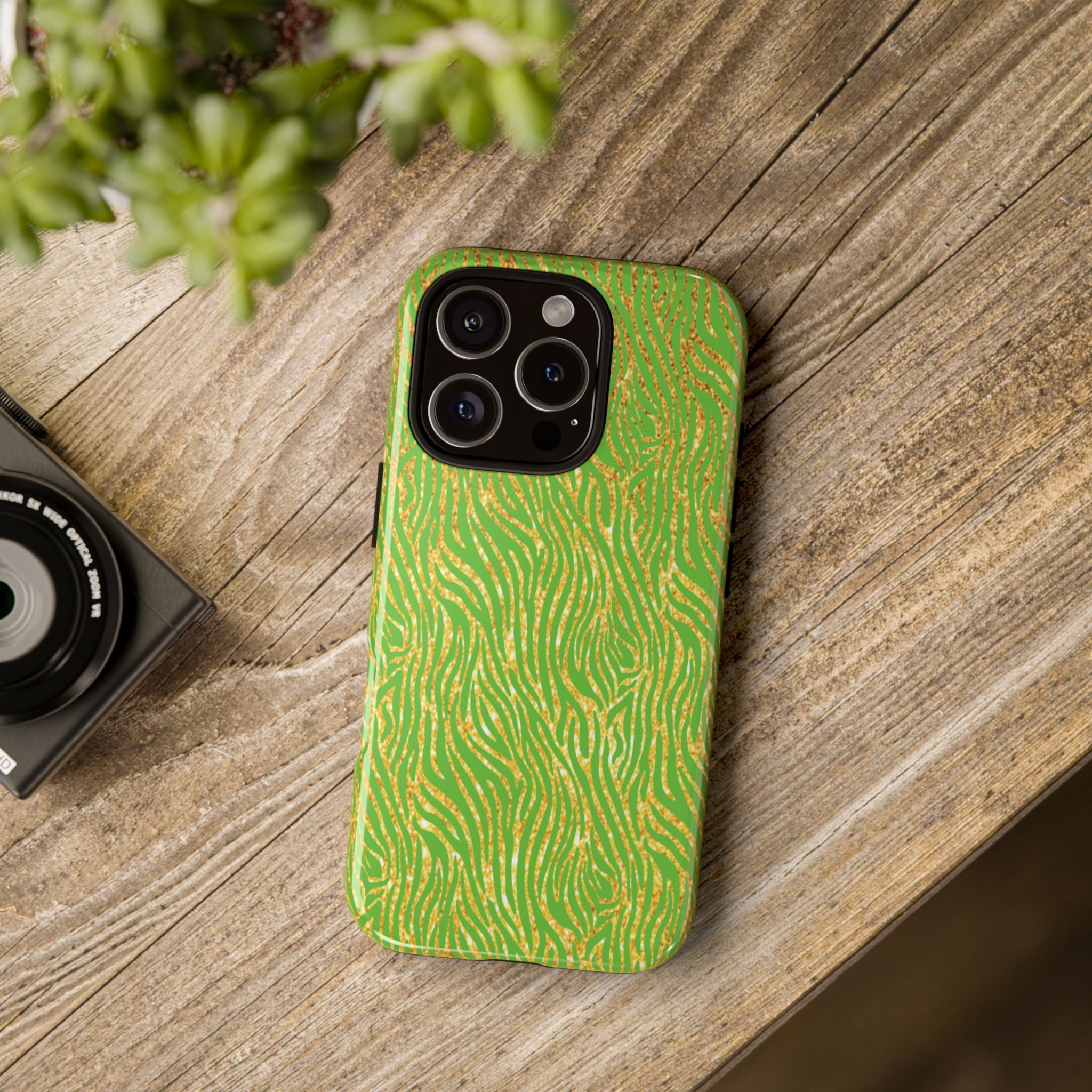 Neon Green Gold Zebra Tough Phone Case for iPhone, Galaxy, or Google Pixel