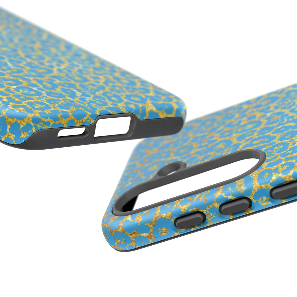 Blue Gold Leopard Tough Phone Case for iPhone, Galaxy, or Google Pixel
