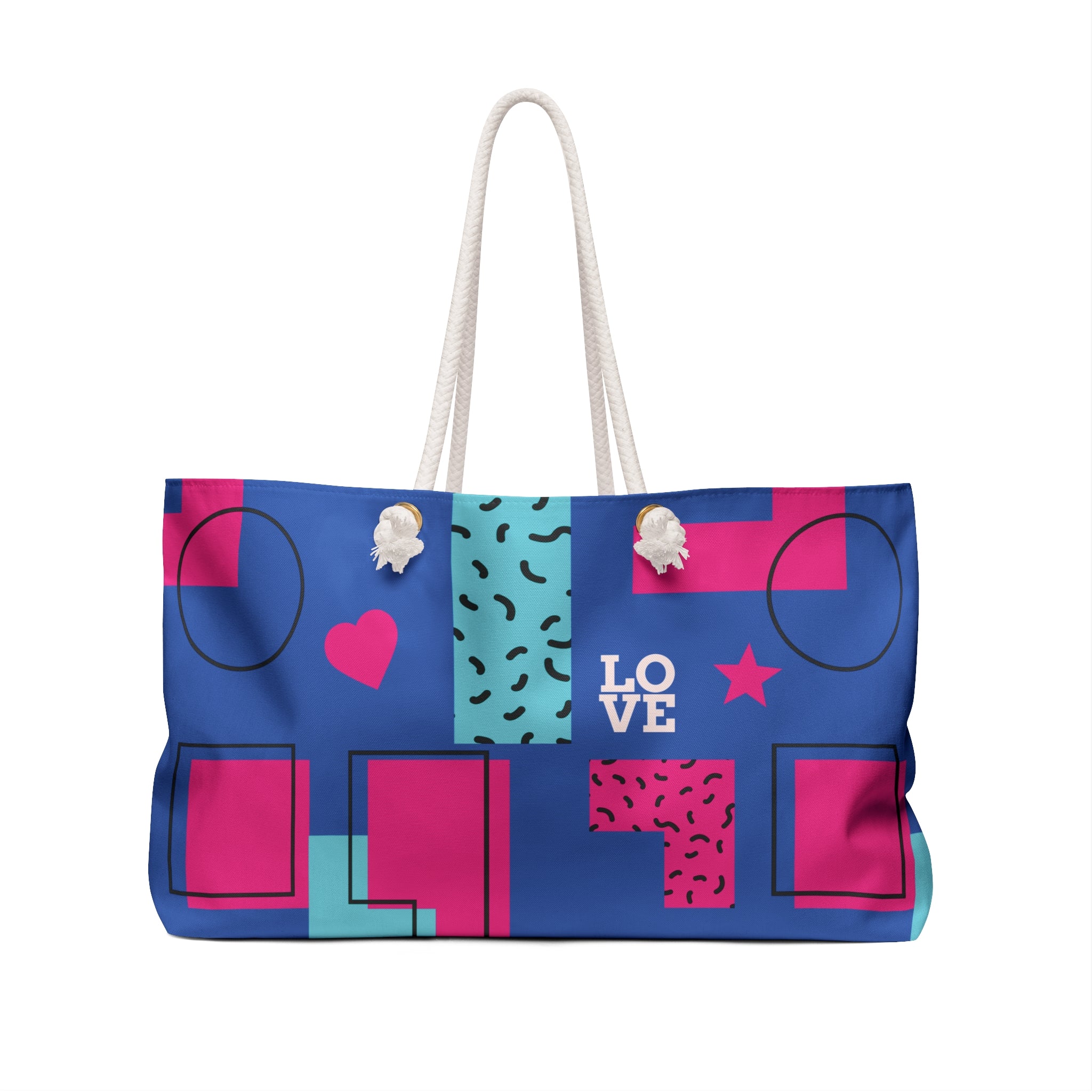 LOVE Retro Blocks Blue Eco-Friendly Weekender Bag, Travel Tote, Beach Bag