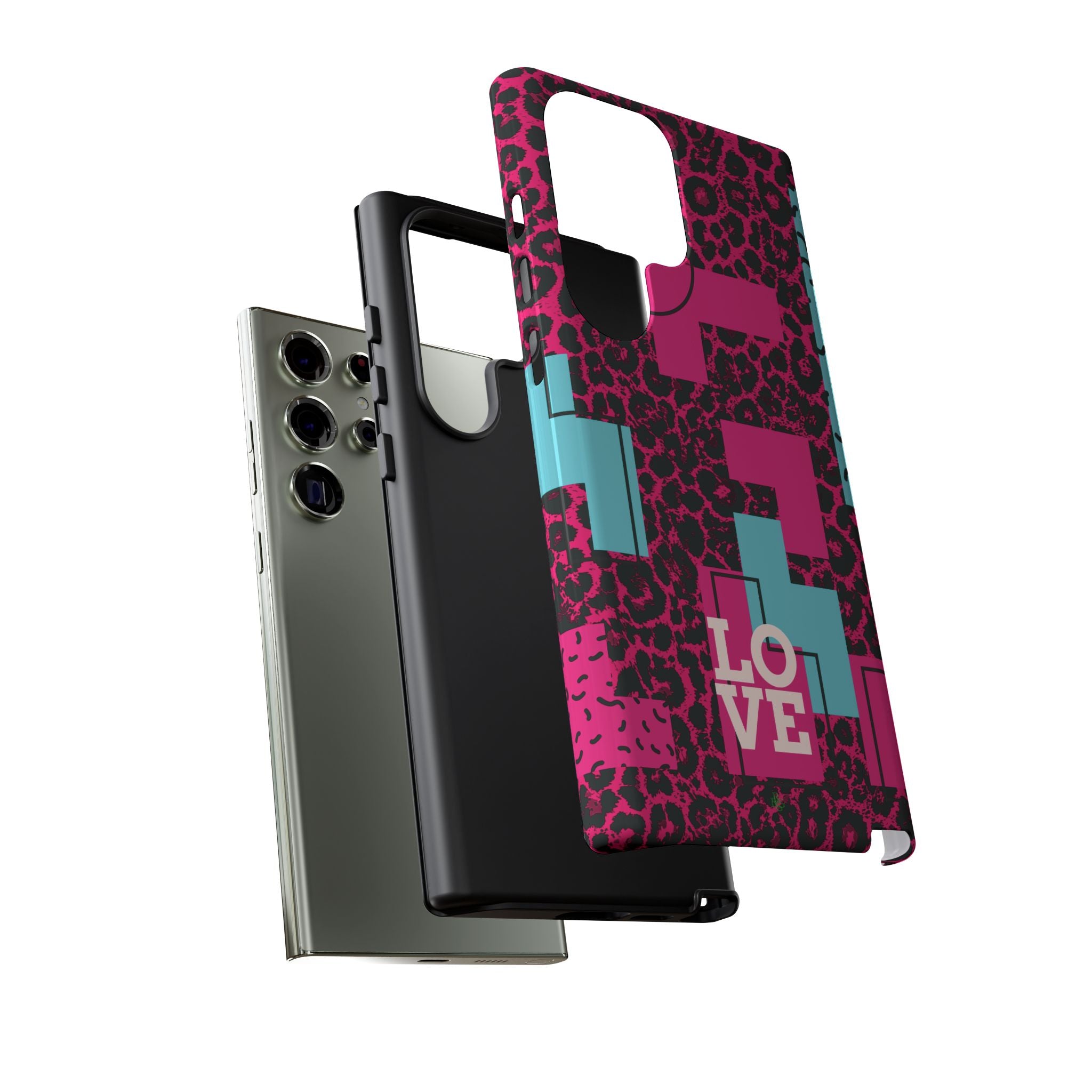 Pink Love Retro Blocks Leopard RG Tough Phone Case for iPhone, Galaxy, or Google Pixel