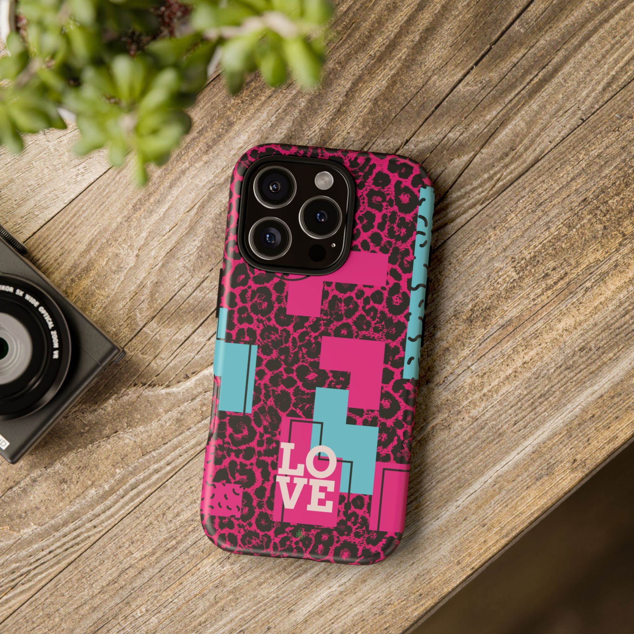 Pink Love Retro Blocks Leopard RG Tough Phone Case for iPhone, Galaxy, or Google Pixel