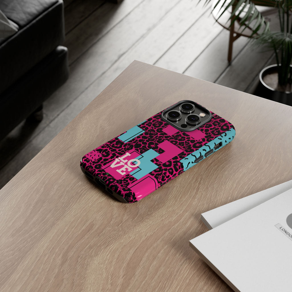 Pink Love Retro Blocks Leopard RG Tough Phone Case for iPhone, Galaxy, or Google Pixel