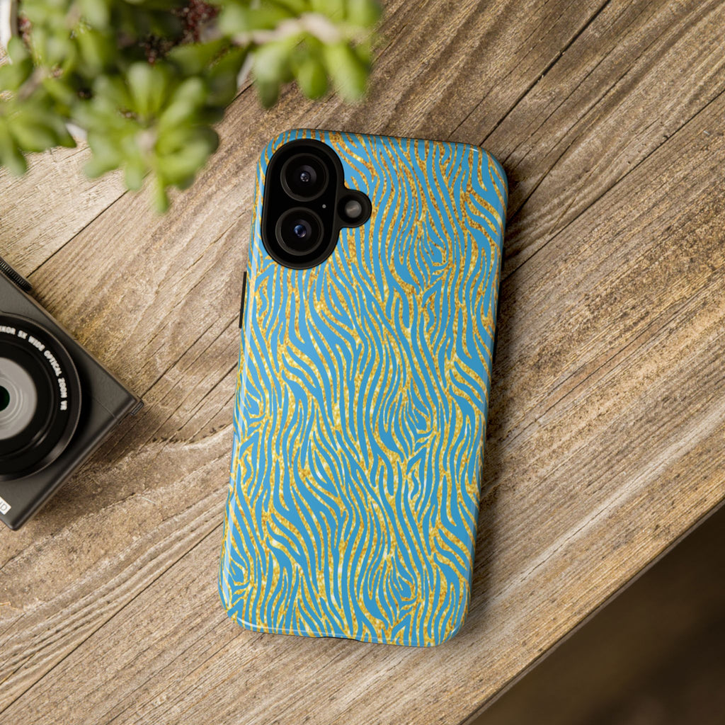 Blue Gold Zebra Tough Case for iPhone, Galaxy, or Google Pixel