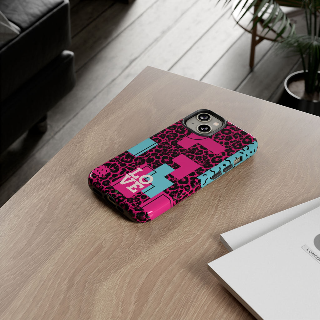 Pink Love Retro Blocks Leopard RG Tough Phone Case for iPhone, Galaxy, or Google Pixel
