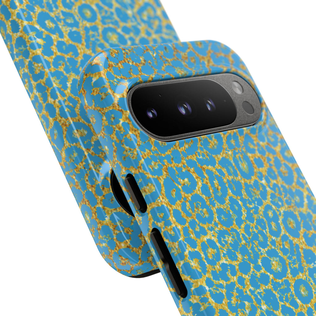 Blue Gold Leopard Tough Phone Case for iPhone, Galaxy, or Google Pixel