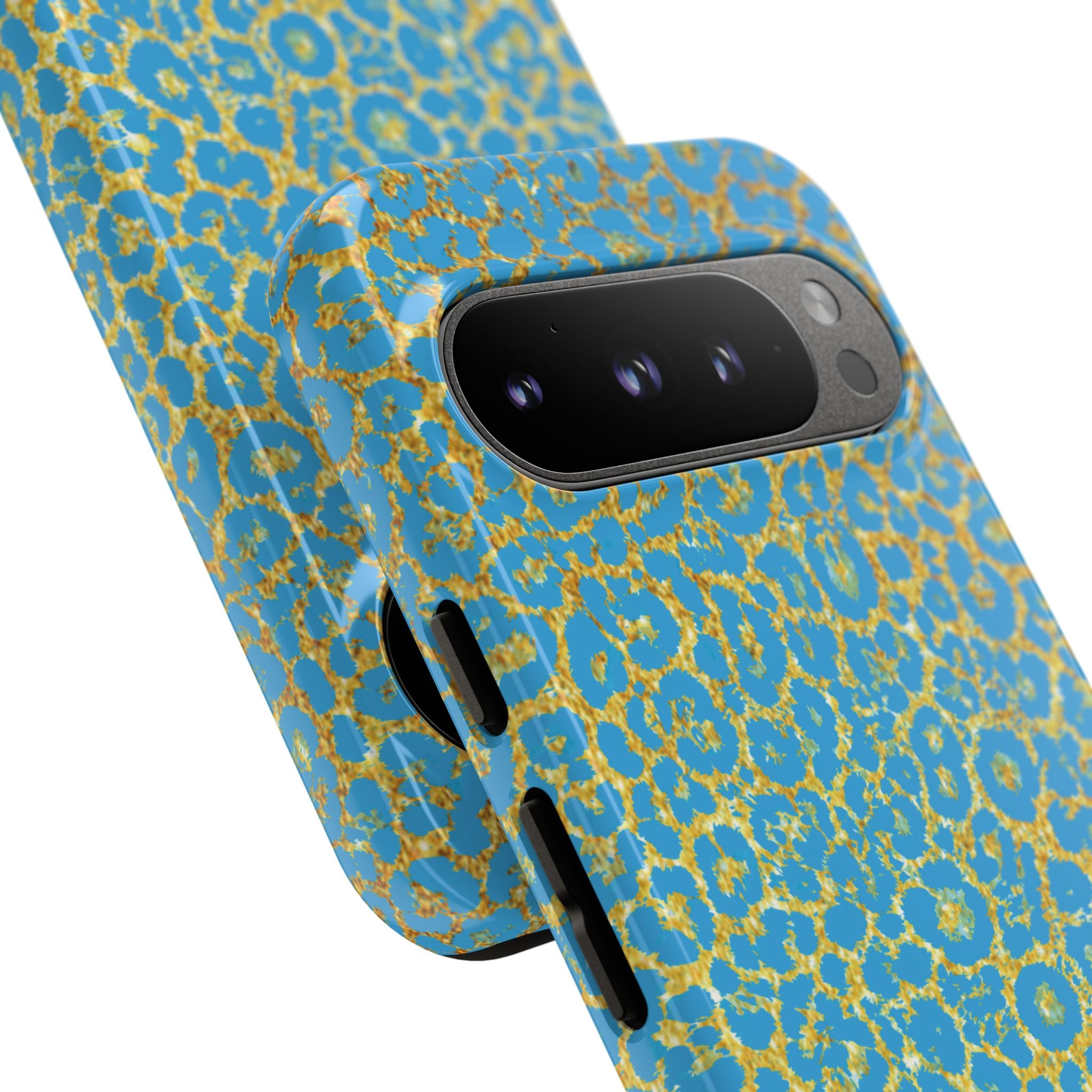 Blue Gold Leopard Tough Phone Case for iPhone, Galaxy, or Google Pixel