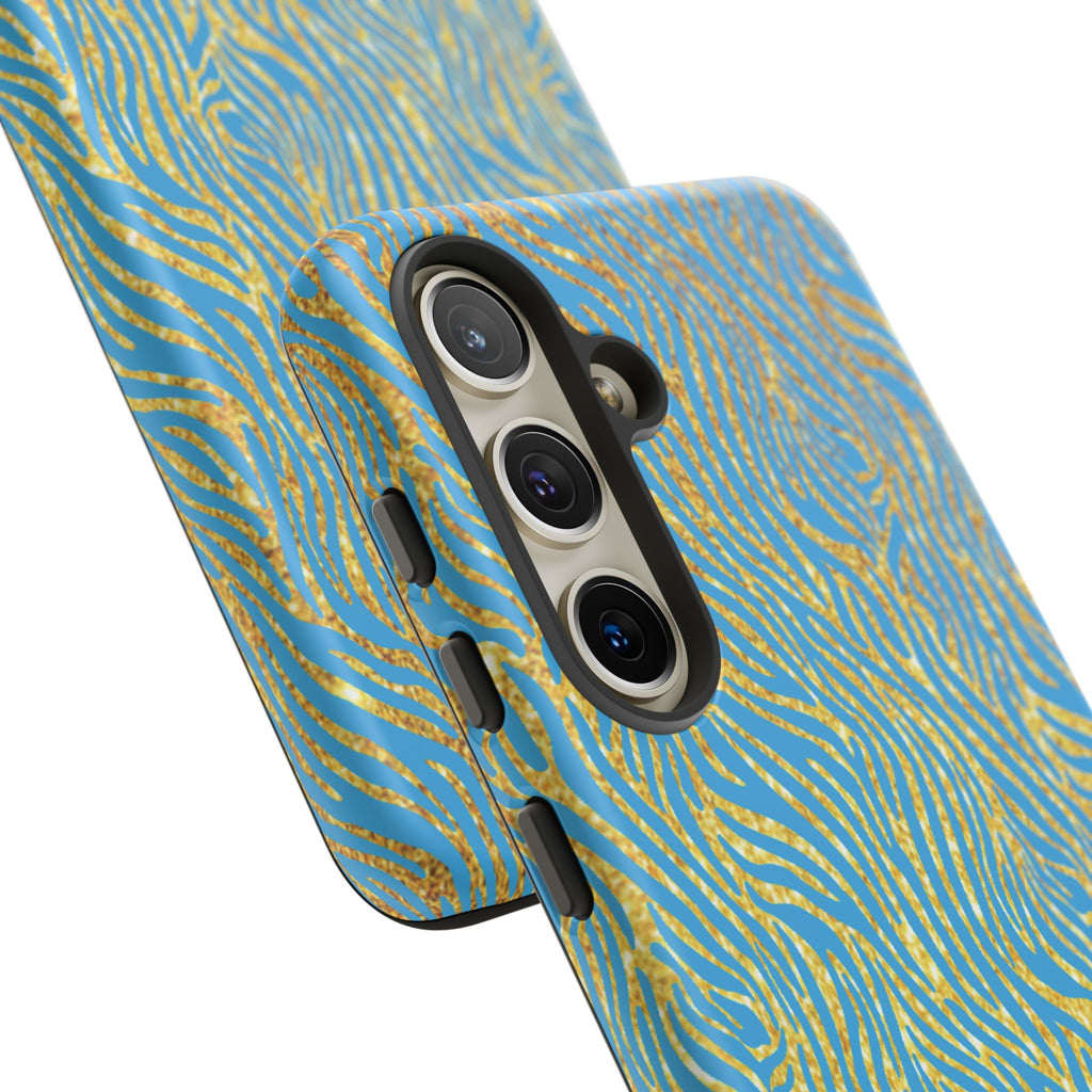 Blue Gold Zebra Tough Case for iPhone, Galaxy, or Google Pixel