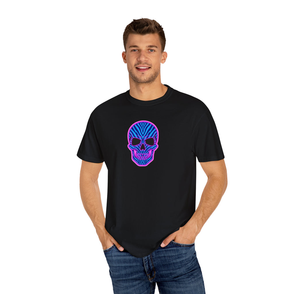 Neon Blue and Purple Zebra Print Skull Unisex Garment-Dyed T-shirt