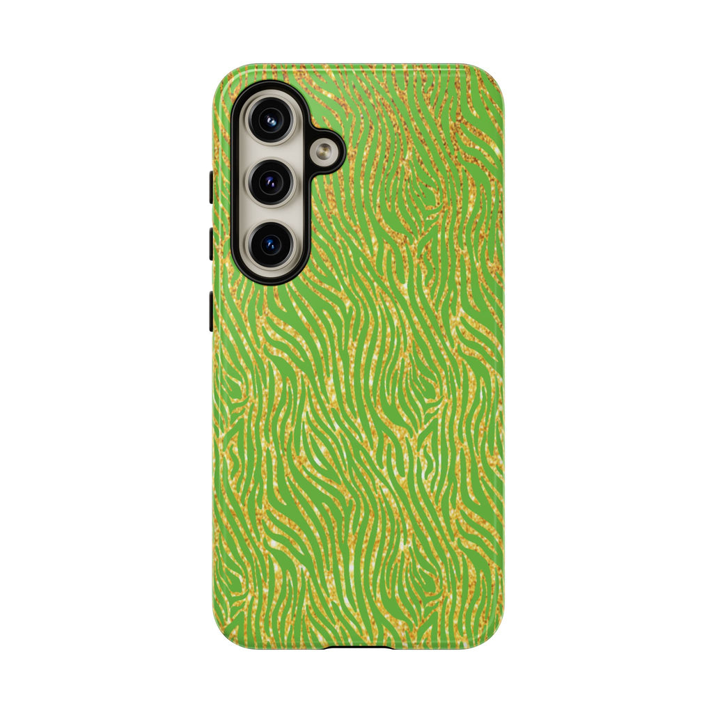 Neon Green Gold Zebra Tough Phone Case for iPhone, Galaxy, or Google Pixel