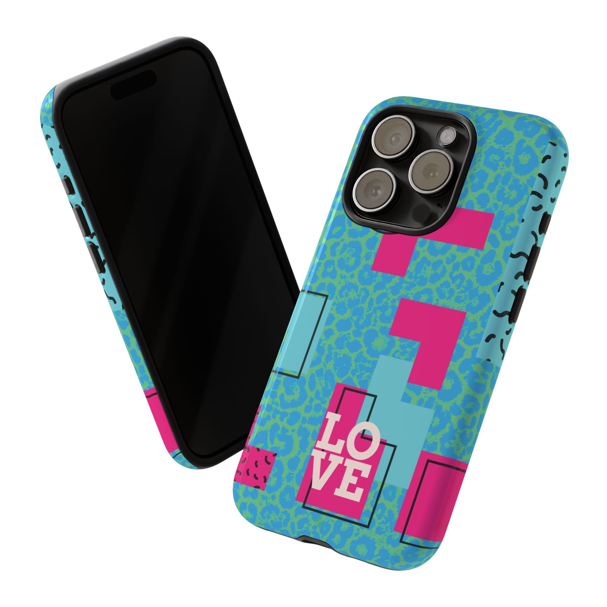 LOVE Aqua Blue Leopard RG Tough Phone Case iPhone, Galaxy, or Google Pixel