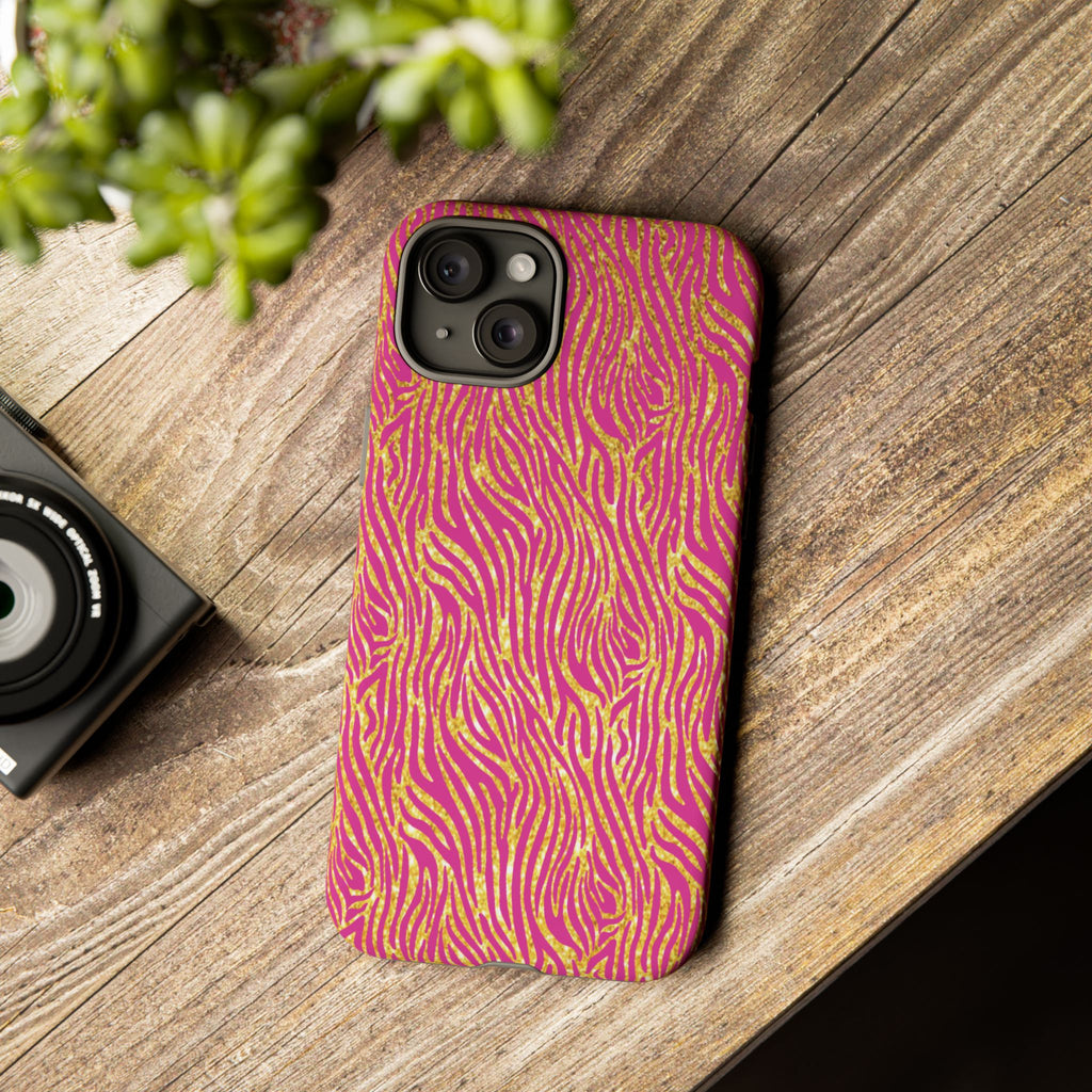 Pink Gold Zebra Print Tough Case for iPhone, Galaxy, or Google Pixel