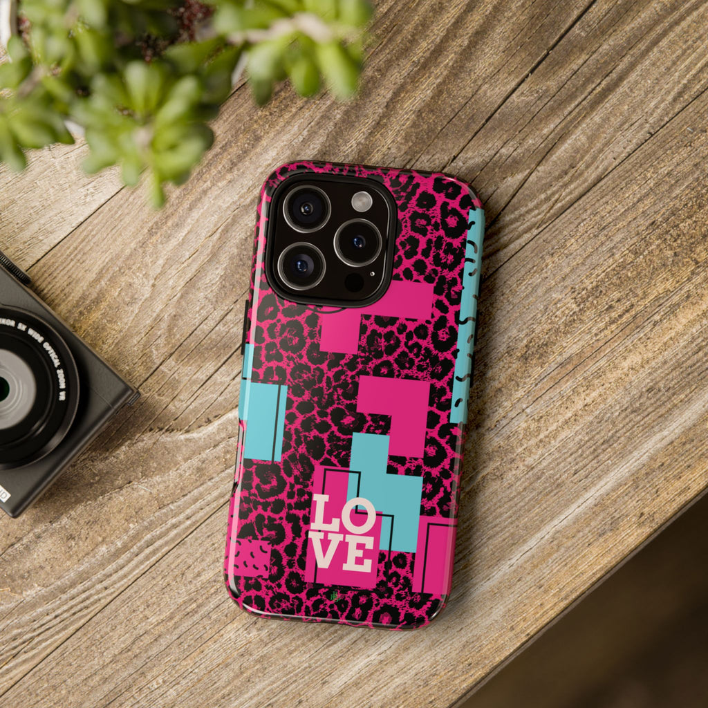 Pink Love Retro Blocks Leopard RG Tough Phone Case for iPhone, Galaxy, or Google Pixel
