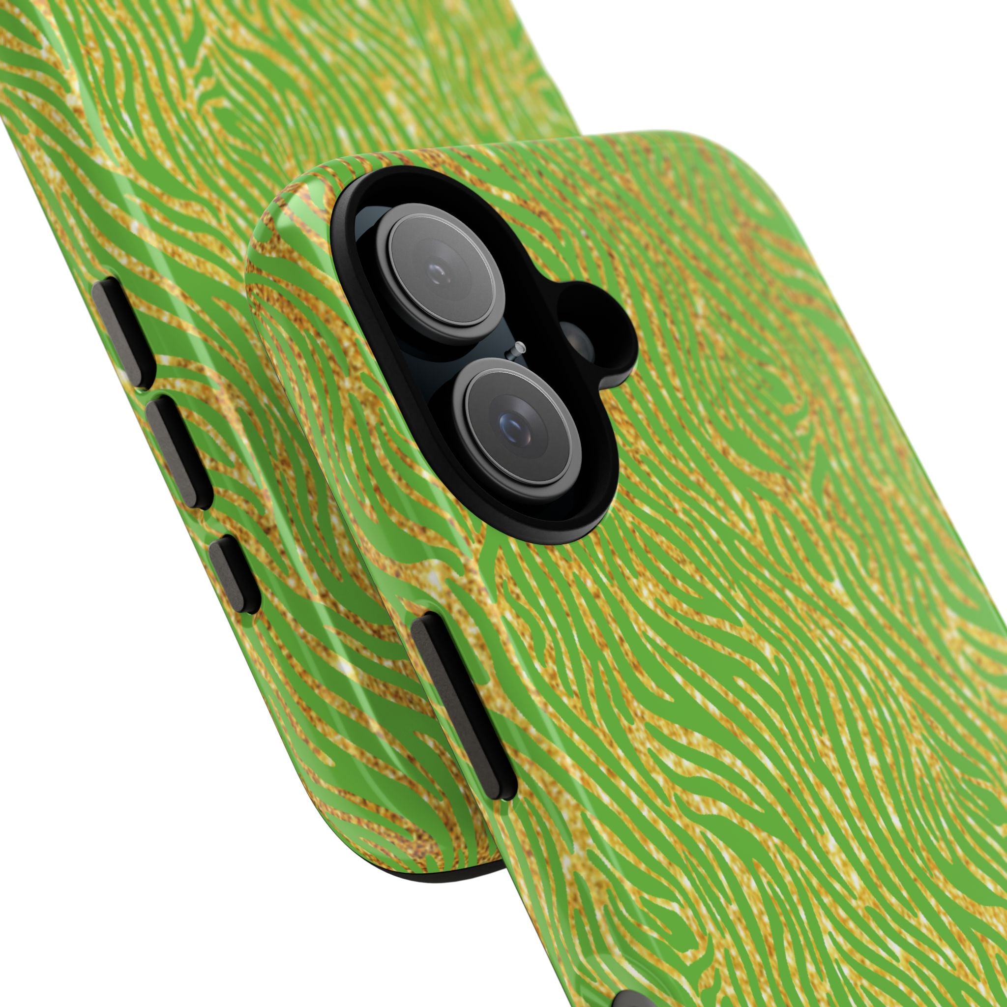 Neon Green Gold Zebra Tough Phone Case for iPhone, Galaxy, or Google Pixel
