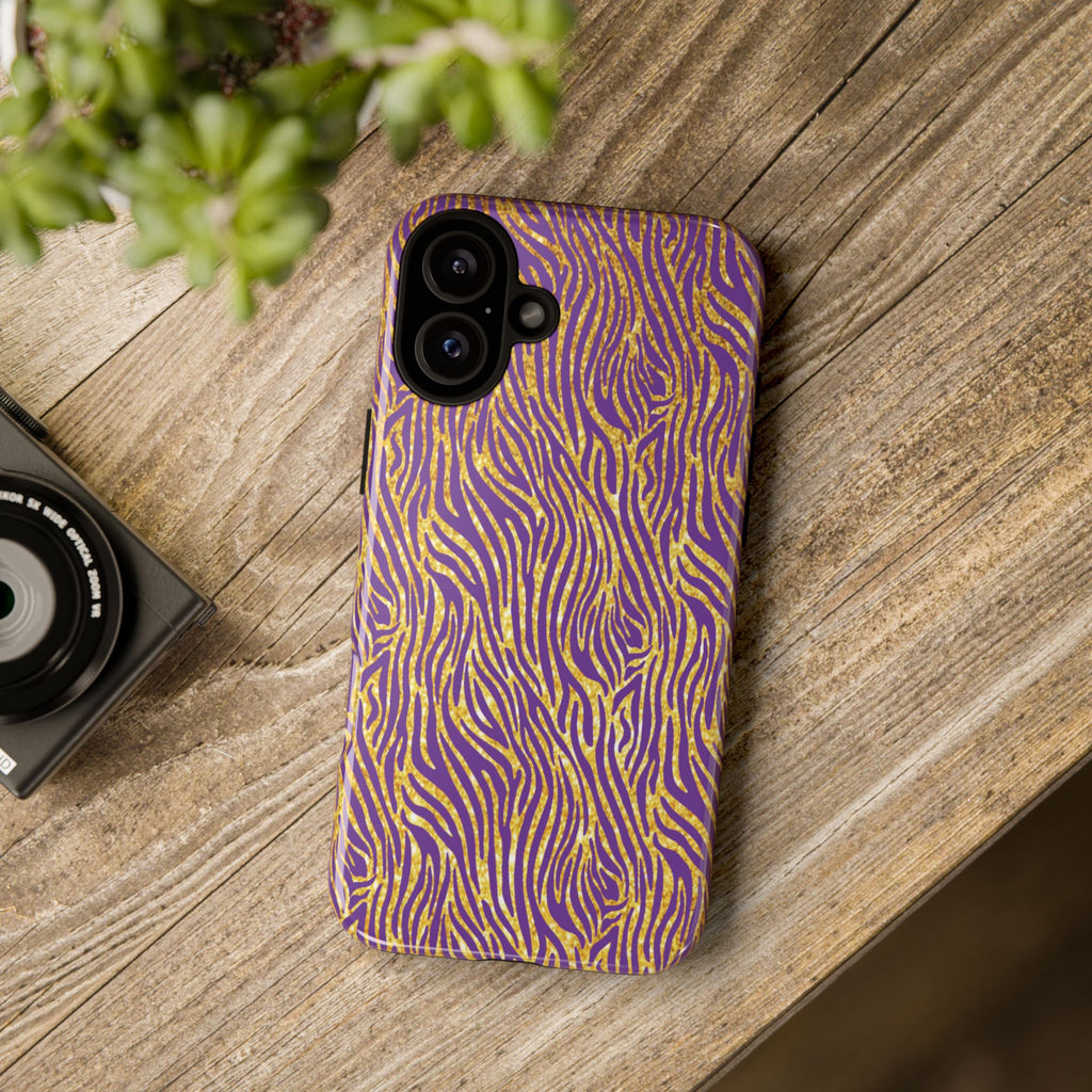 Vibrant Purple Gold Zebra Tough Phone Case iPhone, Galaxy, or Google Pixel
