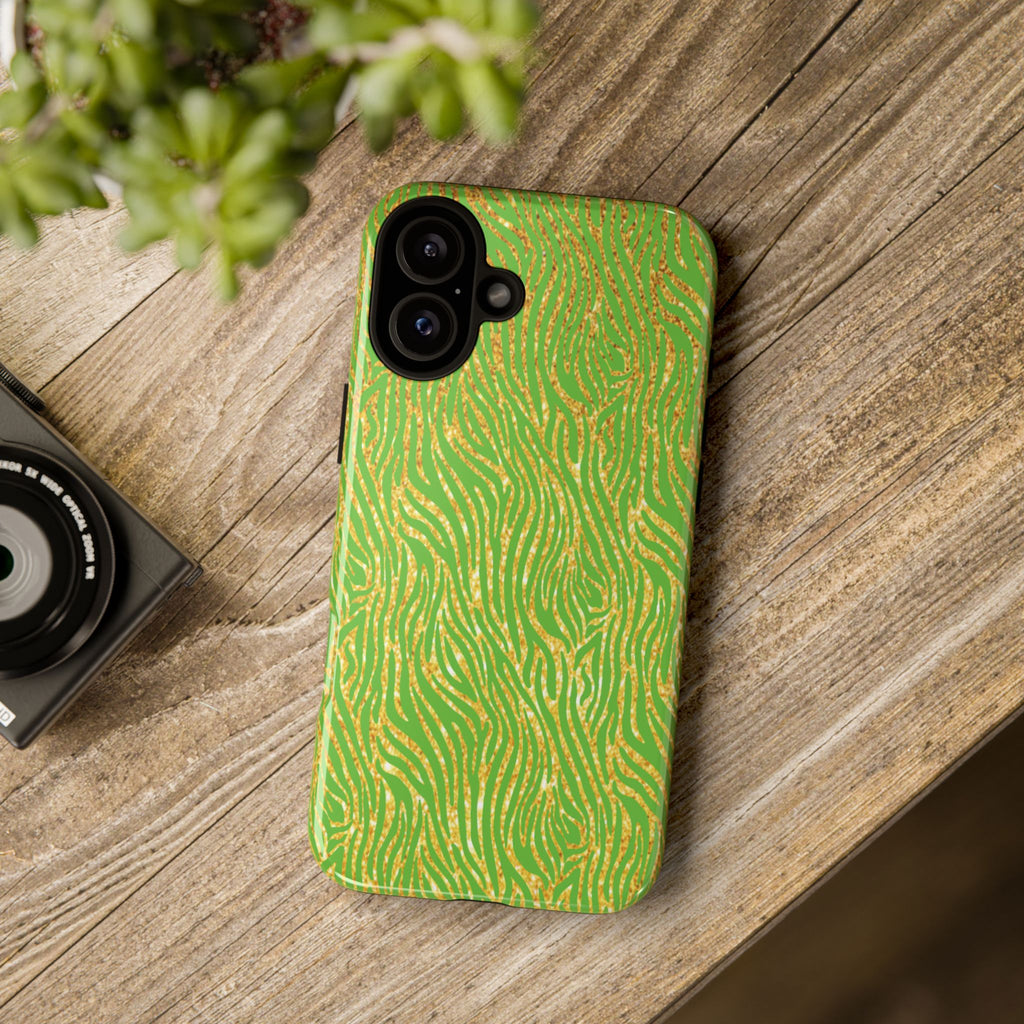 Neon Green Gold Zebra Tough Phone Case for iPhone, Galaxy, or Google Pixel