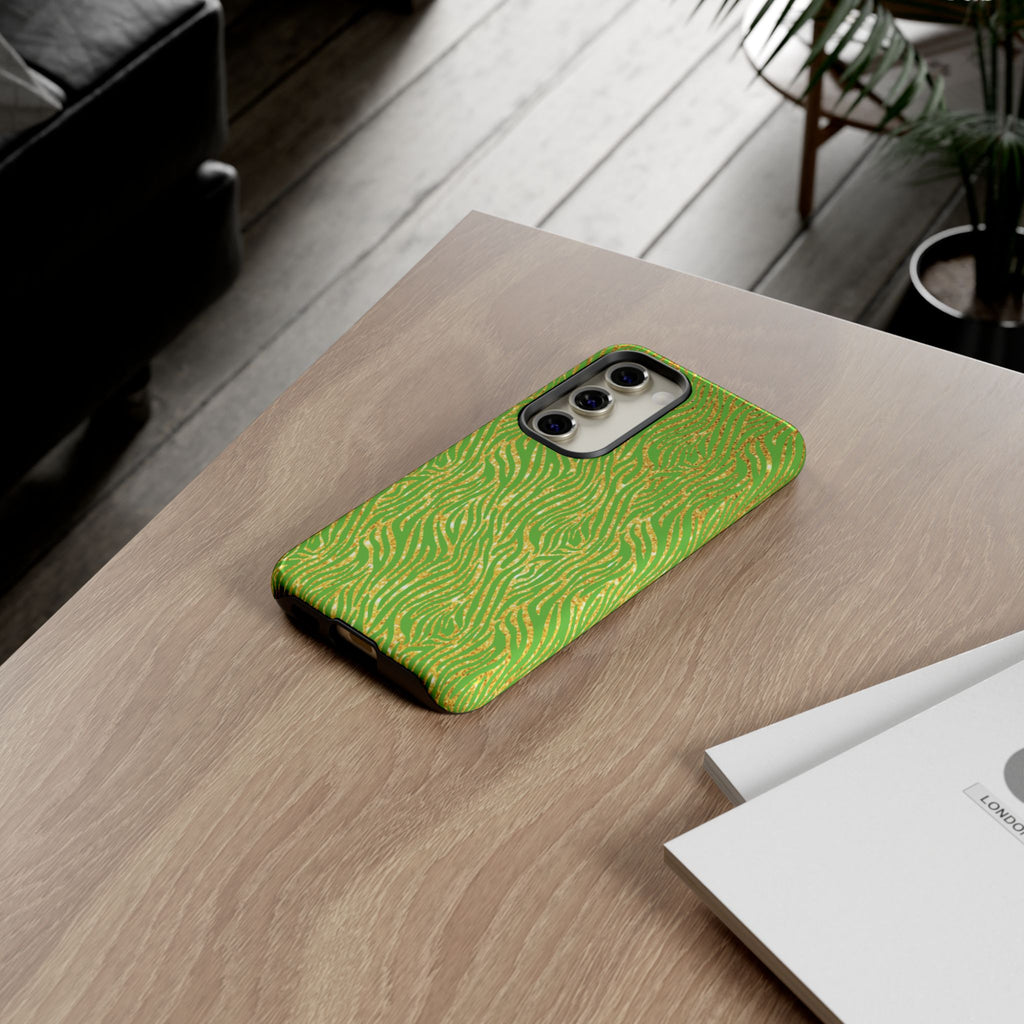 Neon Green Gold Zebra Tough Phone Case for iPhone, Galaxy, or Google Pixel