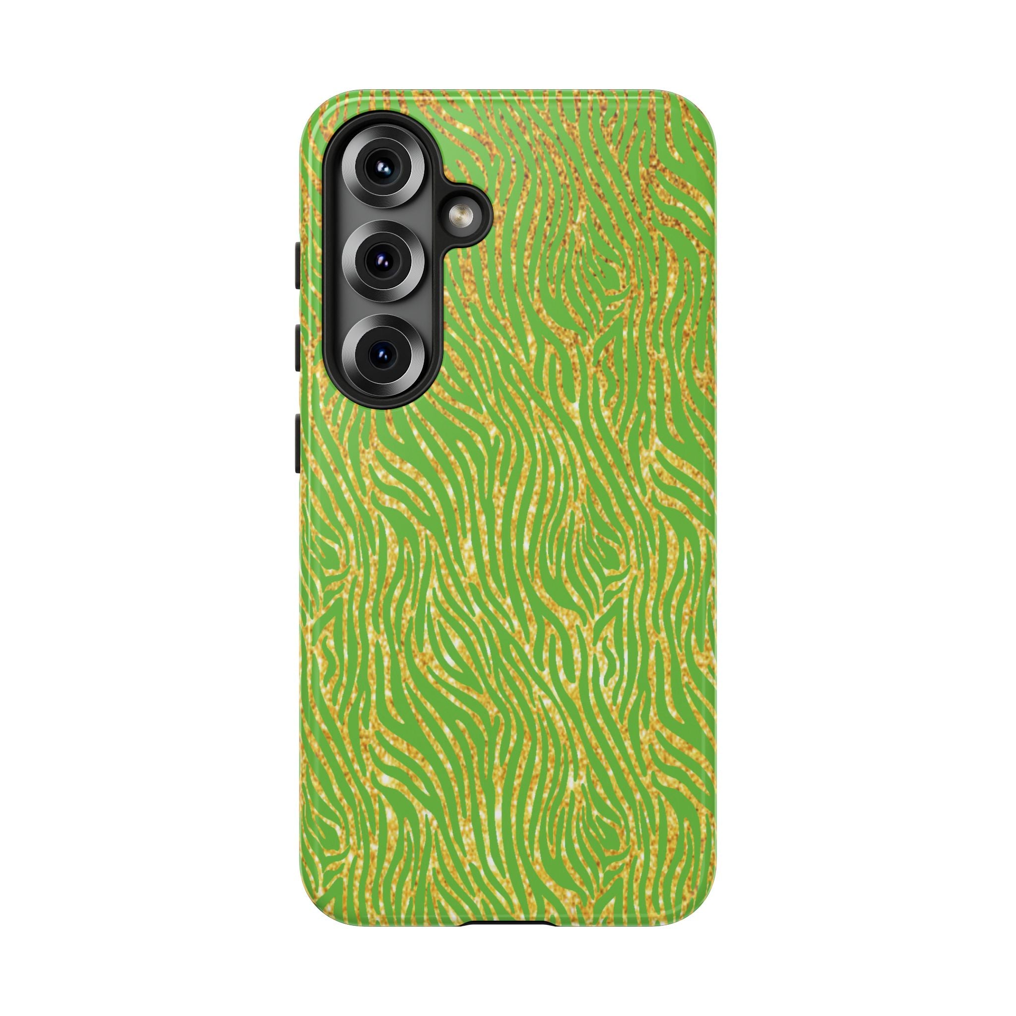 Neon Green Gold Zebra Tough Phone Case for iPhone, Galaxy, or Google Pixel
