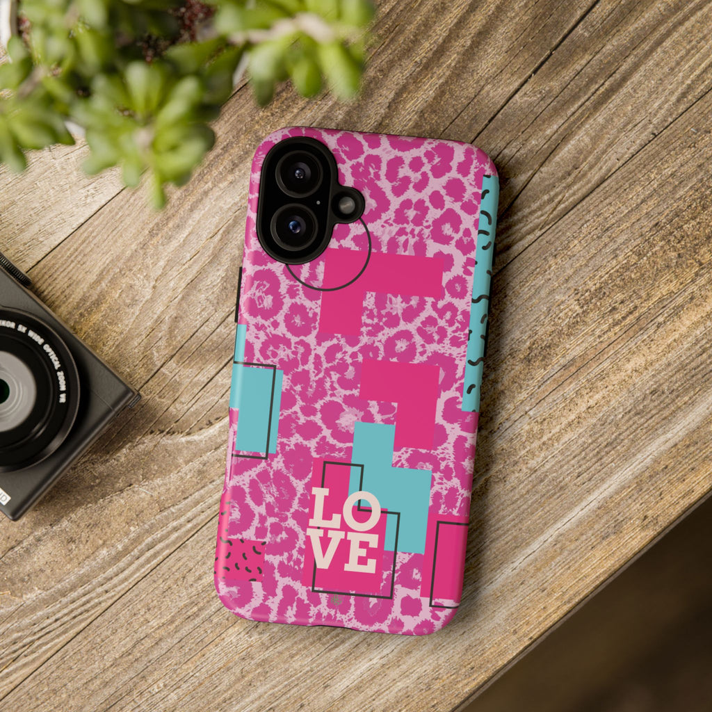 Retro Love Pink Leopard RG Tough Phone Case for iPhone, Galaxy, or Google Pixel