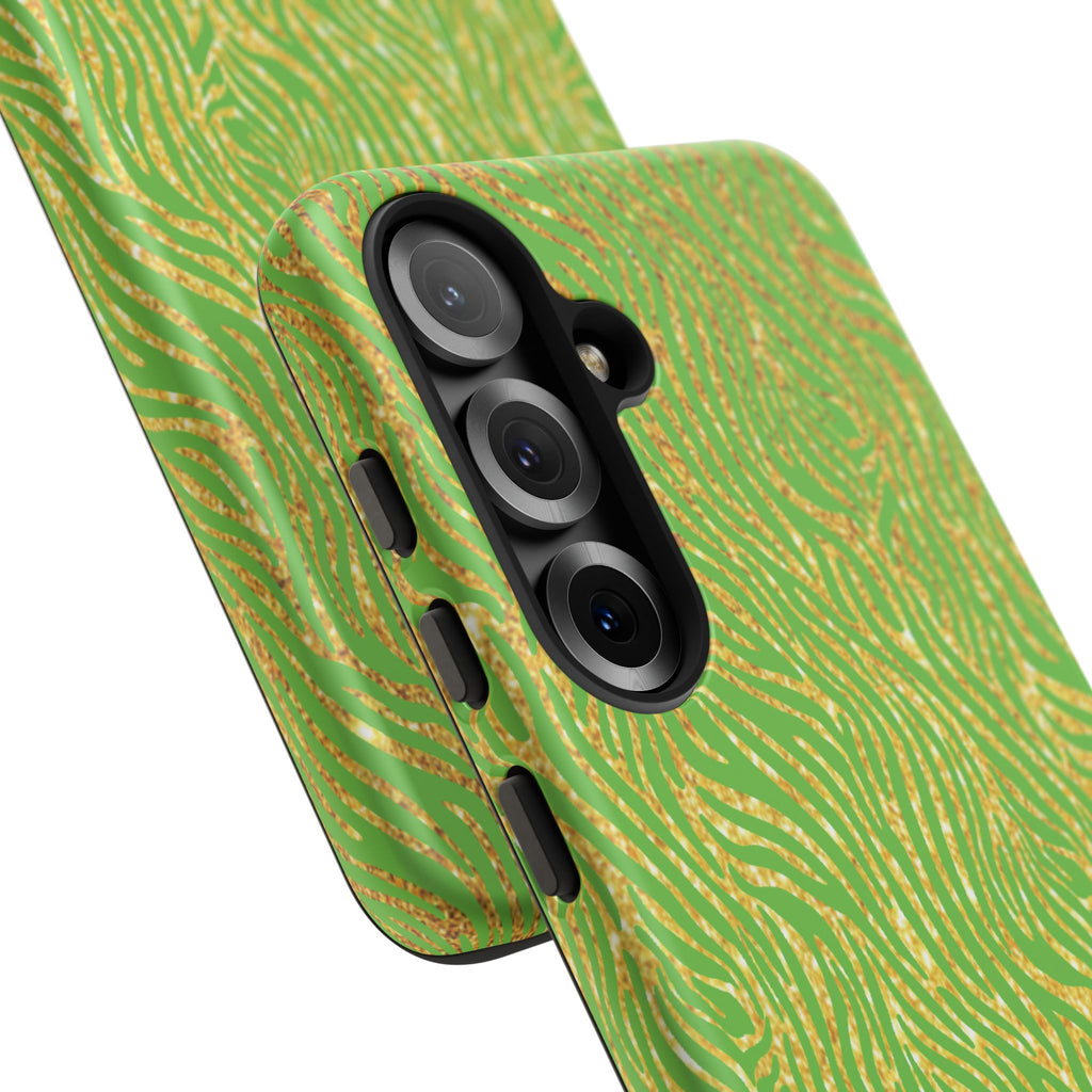 Neon Green Gold Zebra Tough Phone Case for iPhone, Galaxy, or Google Pixel