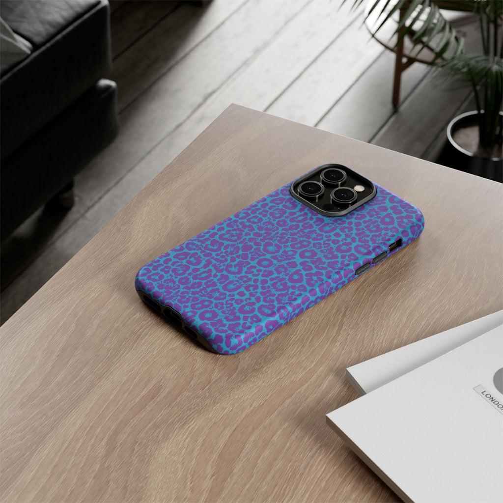 Leopard Printed Purple Blue Tough Phone Case for iPhone, Galaxy, or Google Pixel