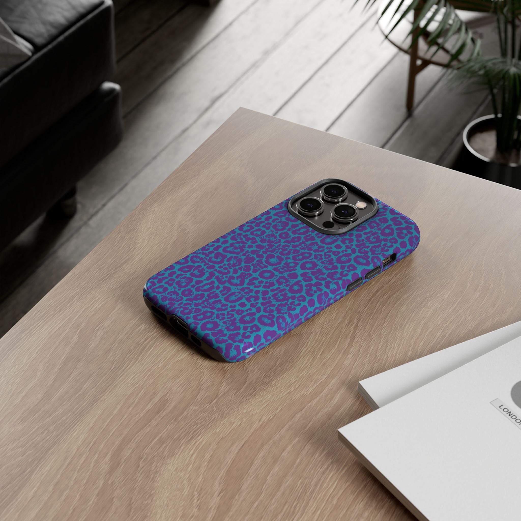 Leopard Printed Purple Blue Tough Phone Case for iPhone, Galaxy, or Google Pixel