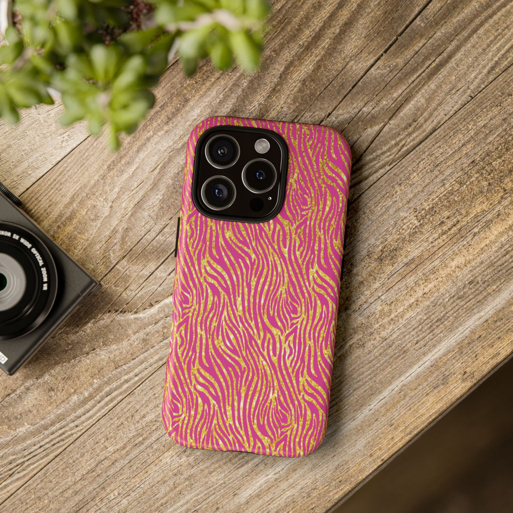 Pink Gold Zebra Print Tough Case for iPhone, Galaxy, or Google Pixel