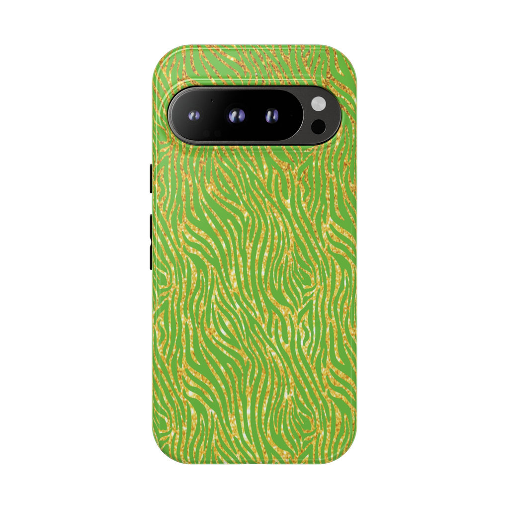 Neon Green Gold Zebra Tough Phone Case for iPhone, Galaxy, or Google Pixel