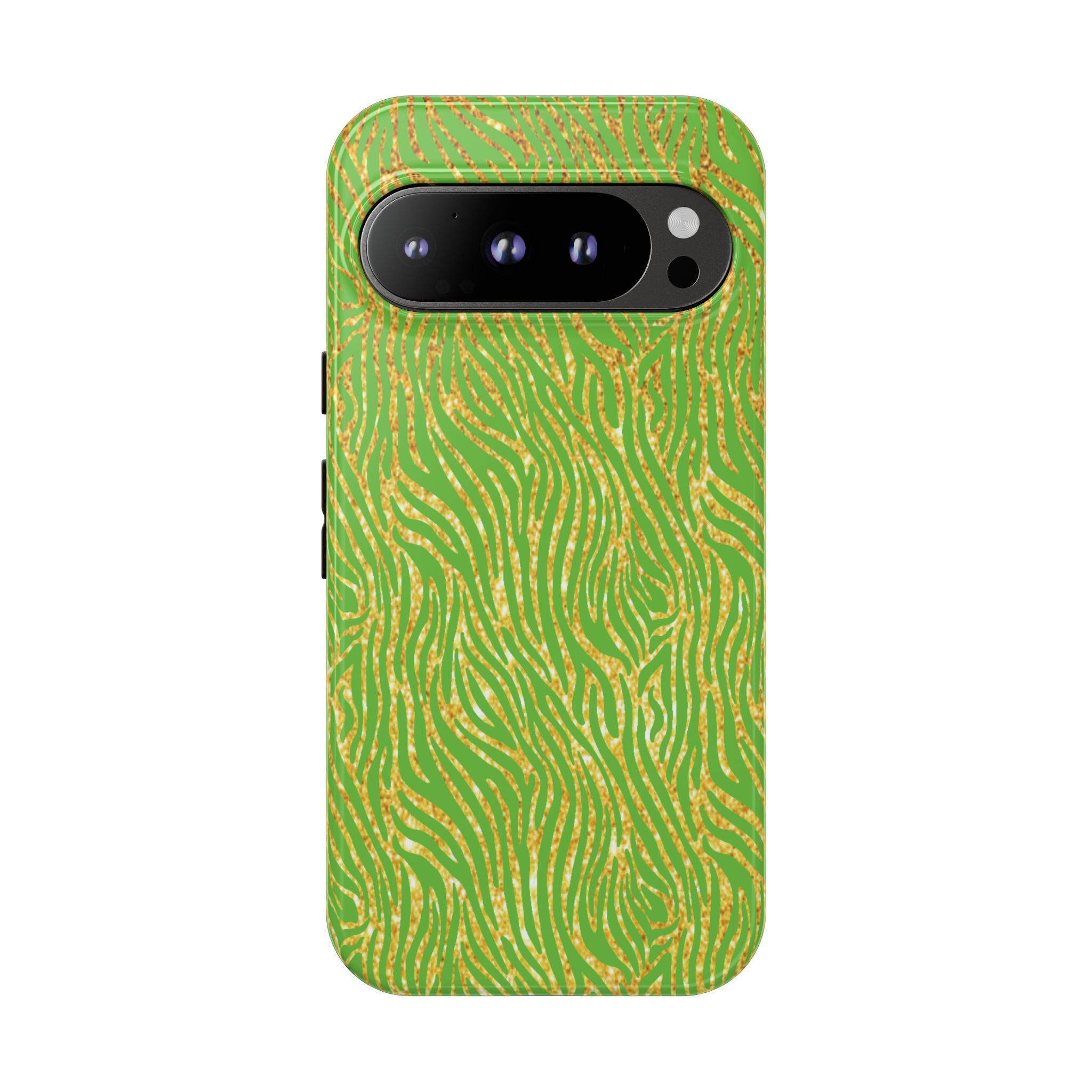 Neon Green Gold Zebra Tough Phone Case for iPhone, Galaxy, or Google Pixel