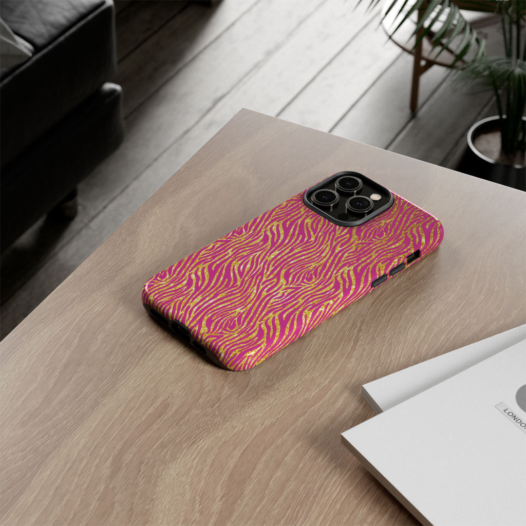 Pink Gold Zebra Print Tough Case for iPhone, Galaxy, or Google Pixel