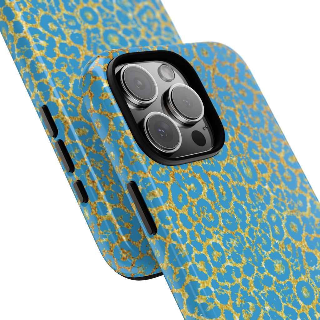 Blue Gold Leopard Tough Phone Case for iPhone, Galaxy, or Google Pixel