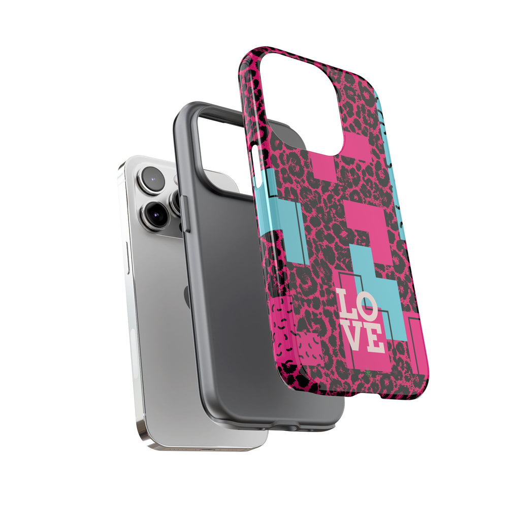 Pink Love Retro Blocks Leopard RG Tough Phone Case for iPhone, Galaxy, or Google Pixel