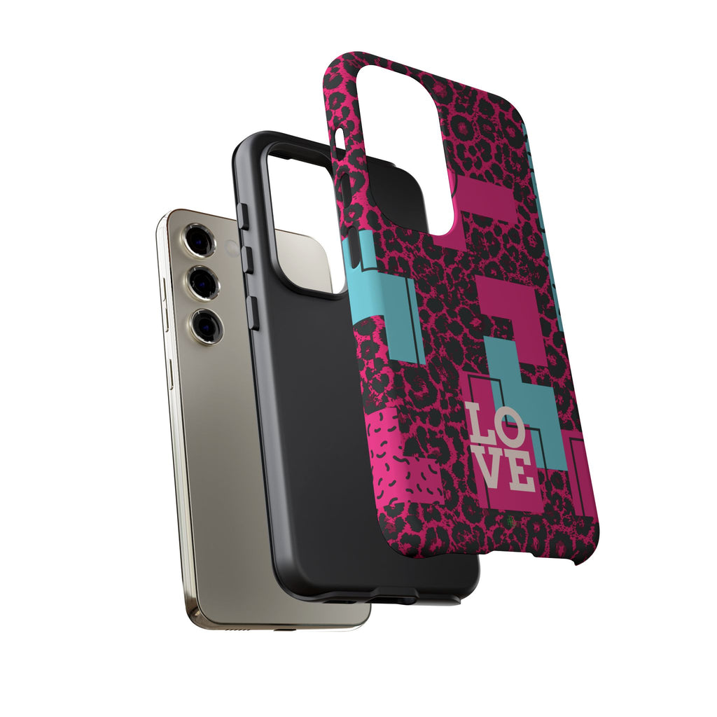 Pink Love Retro Blocks Leopard RG Tough Phone Case for iPhone, Galaxy, or Google Pixel