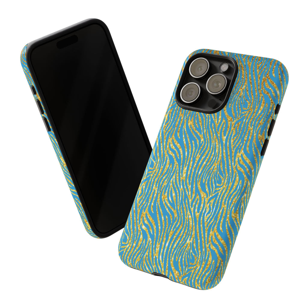 Blue Gold Zebra Tough Case for iPhone, Galaxy, or Google Pixel