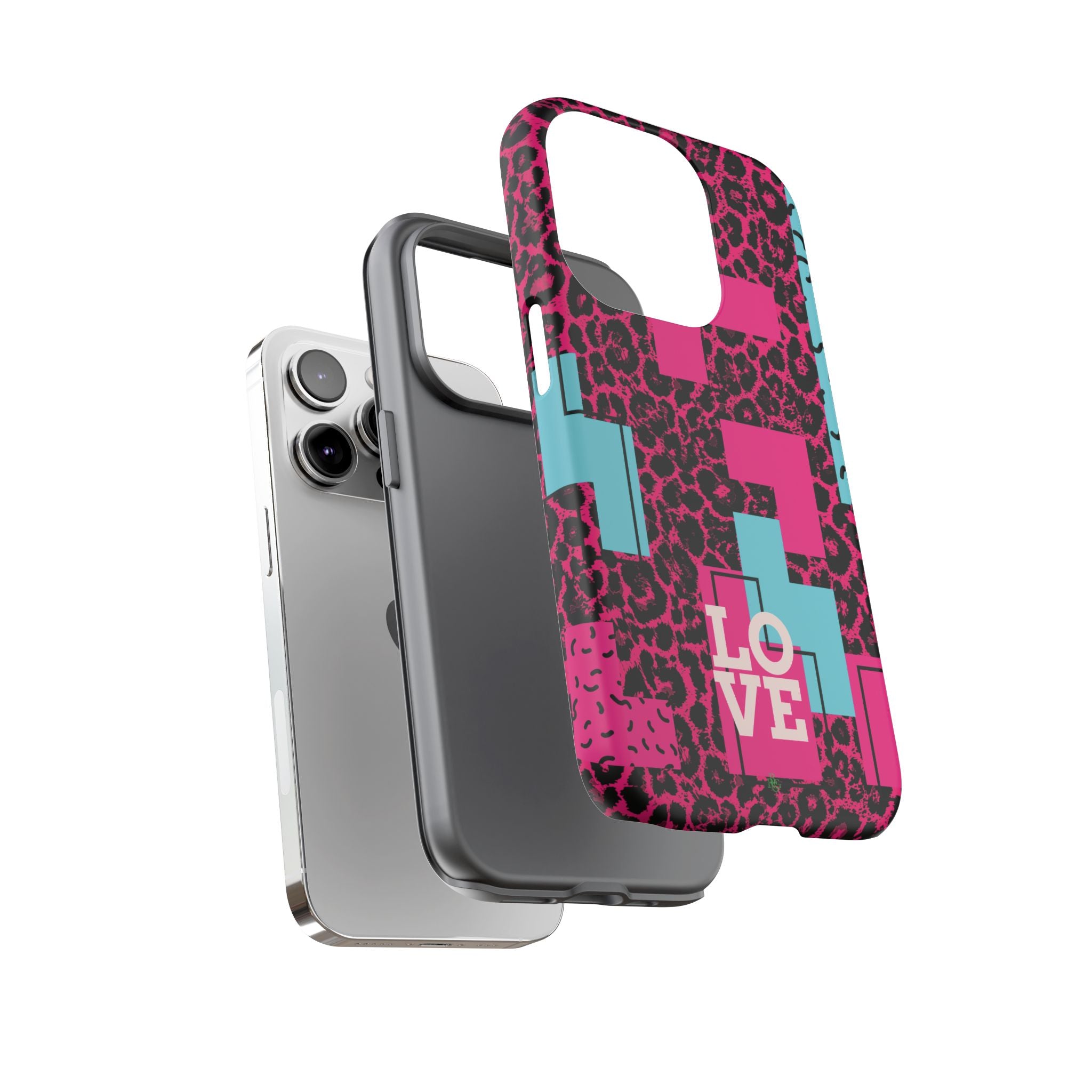 Pink Love Retro Blocks Leopard RG Tough Phone Case for iPhone, Galaxy, or Google Pixel