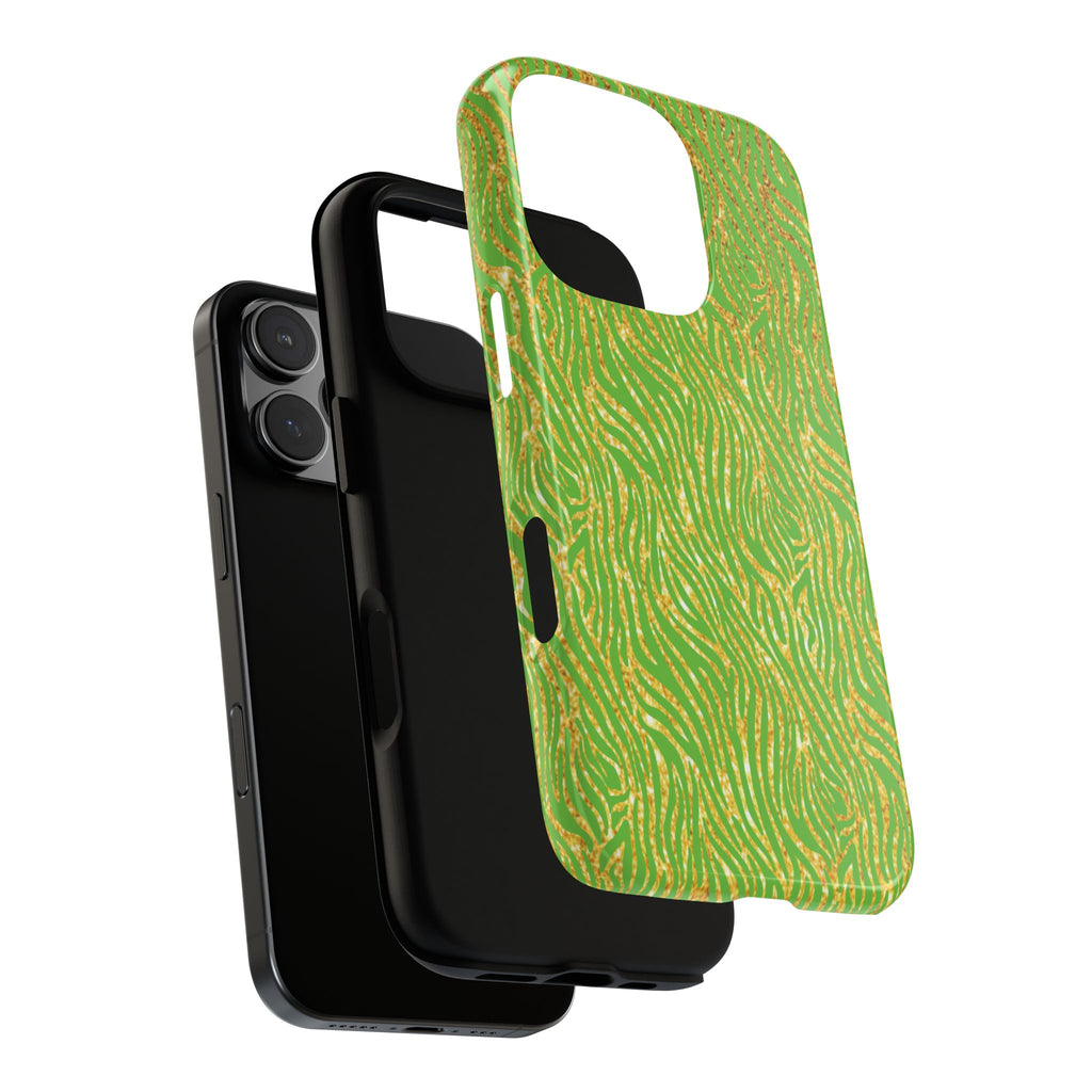 Neon Green Gold Zebra Tough Phone Case for iPhone, Galaxy, or Google Pixel