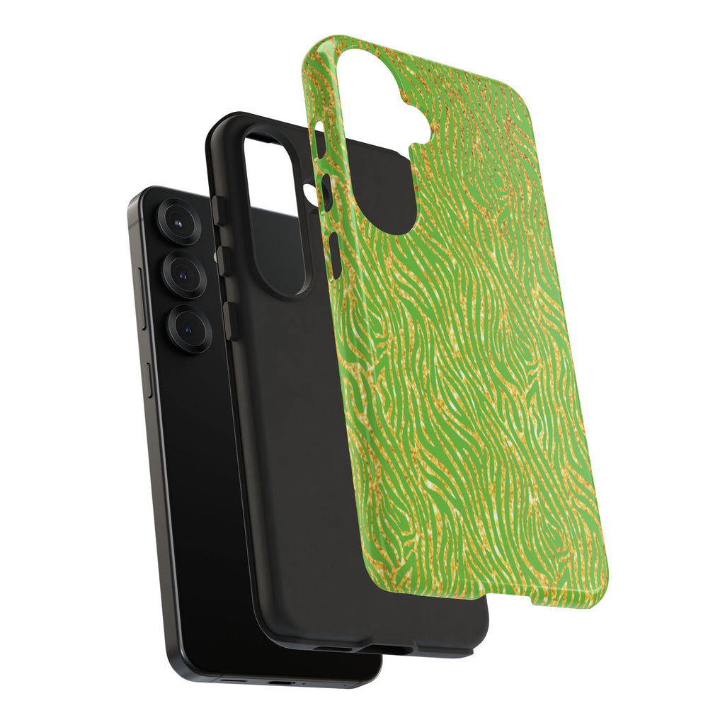 Neon Green Gold Zebra Tough Phone Case for iPhone, Galaxy, or Google Pixel