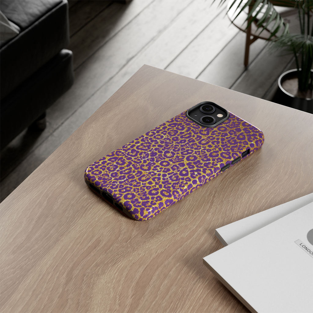 Purple Gold Leopard Tough Phone Case for iPhone, Galaxy, or Google Pixel