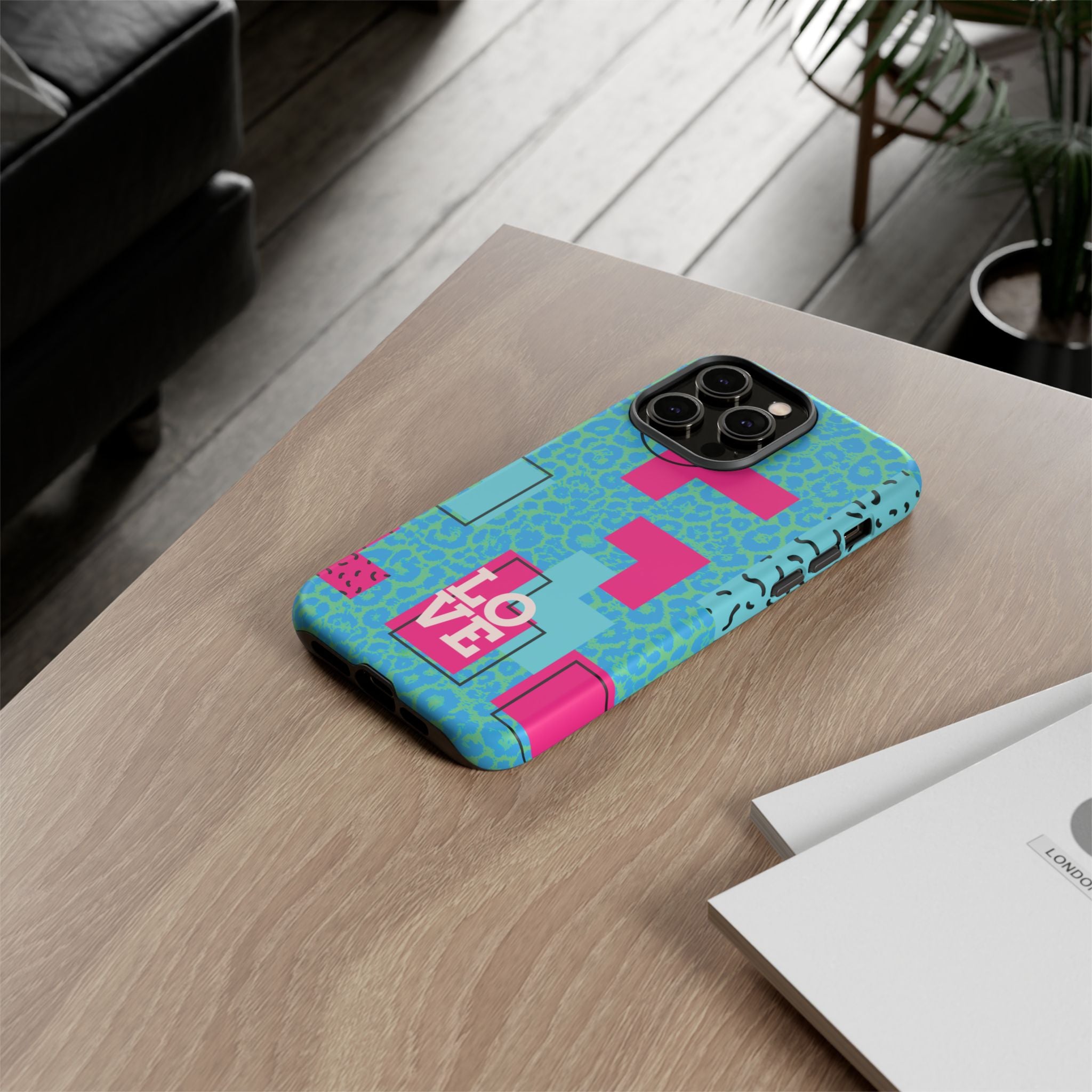 LOVE Aqua Blue Leopard RG Tough Phone Case iPhone, Galaxy, or Google Pixel