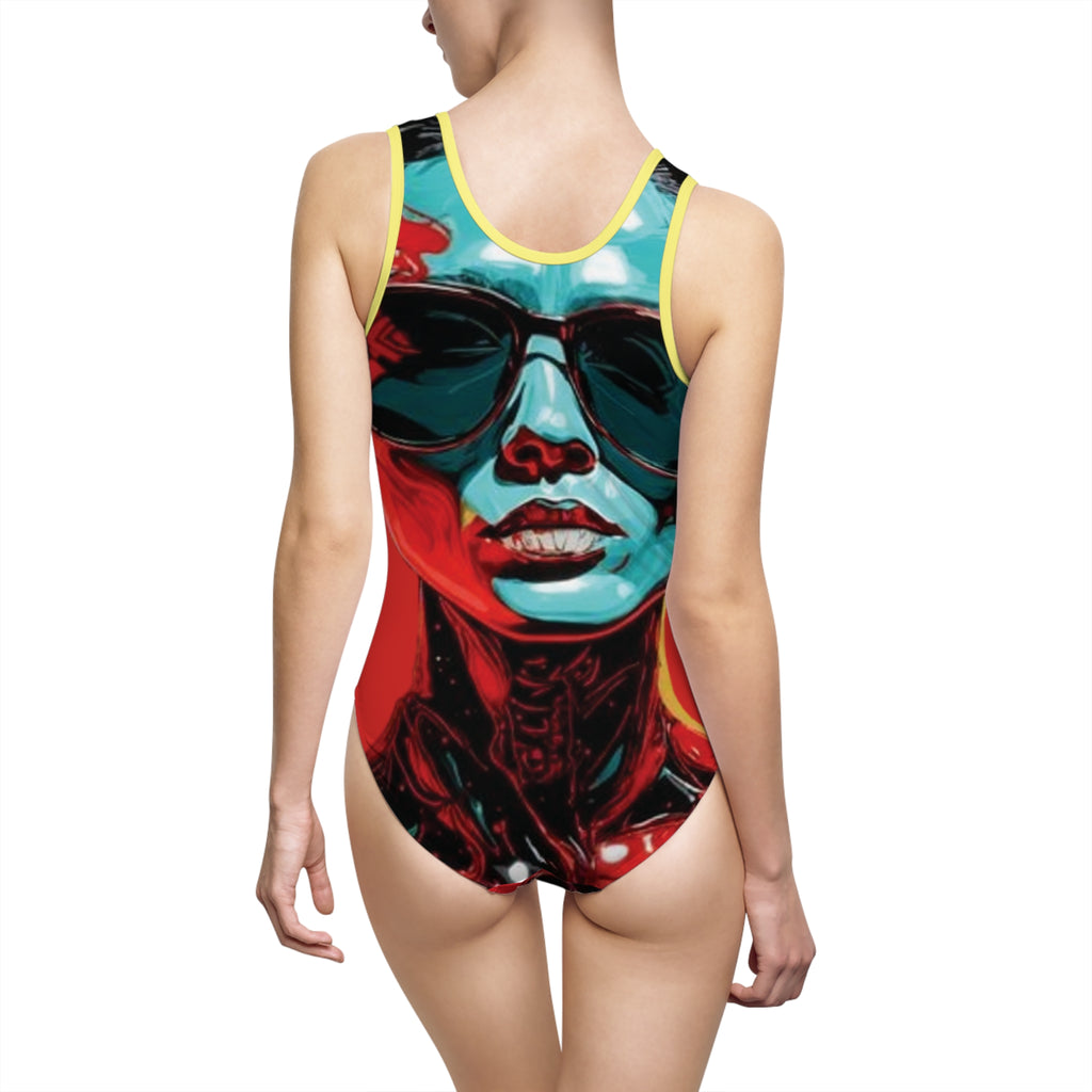 Bold Pop-Art Sunglasses Portrait Swimsuit — Women's One-Piece